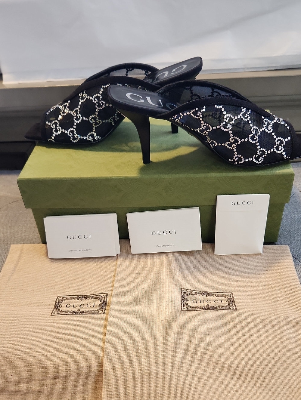 Gucci Black Crystal-Patterned Open-Toe Heels